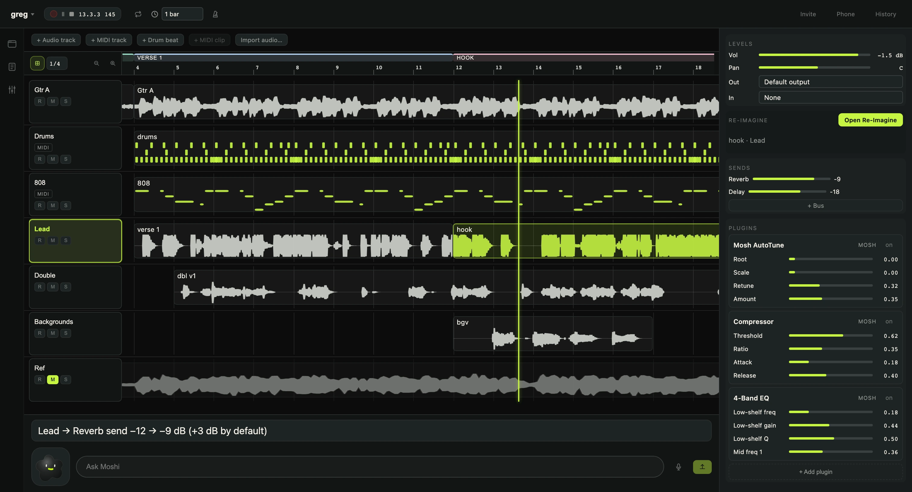 The Mosh window: a seven-track session with guitar, drums, 808, lead vocal, doubles and backgrounds. The lead vocal's hook clip is selected, with AutoTune, a compressor and an EQ on the track, and Moshi's reply line at the bottom.
